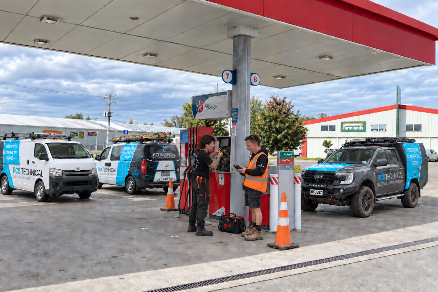 PCS Technical-branded vehicles and technicians at a service station forecourt