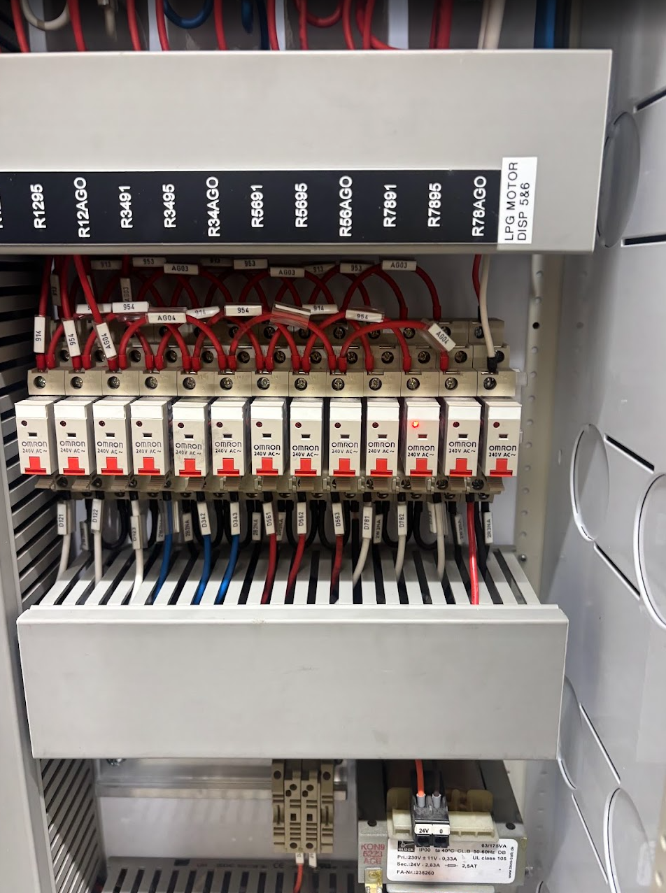 Labelled wiring and relays in a fuel-control panel