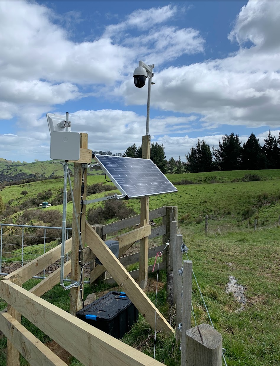 Camera, solar panel and wireless equipment at a rural gateway